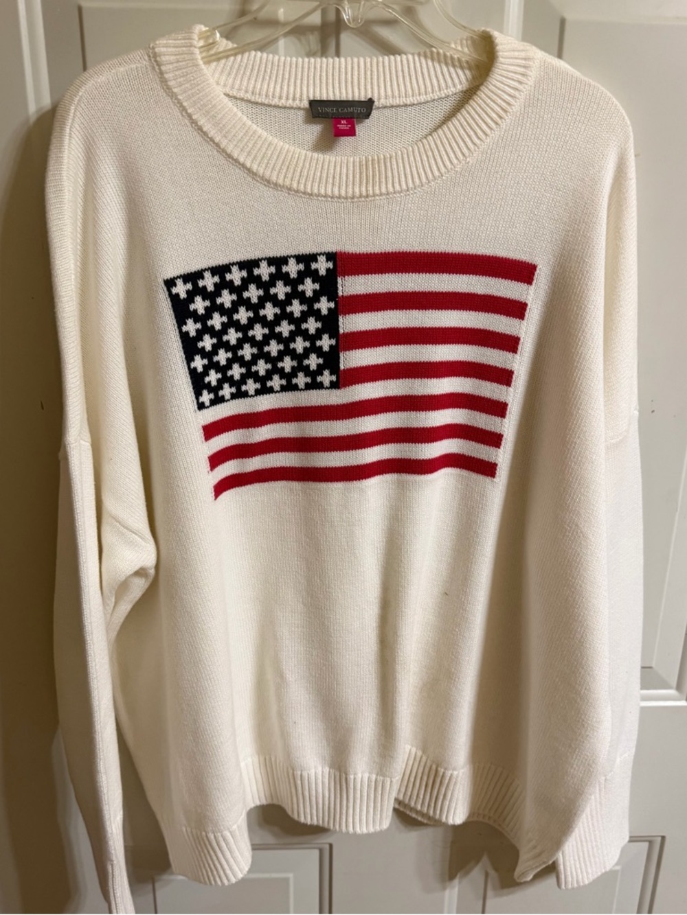 Vince Camuto Cream Crewneck Sweater with Red and Navy Flag